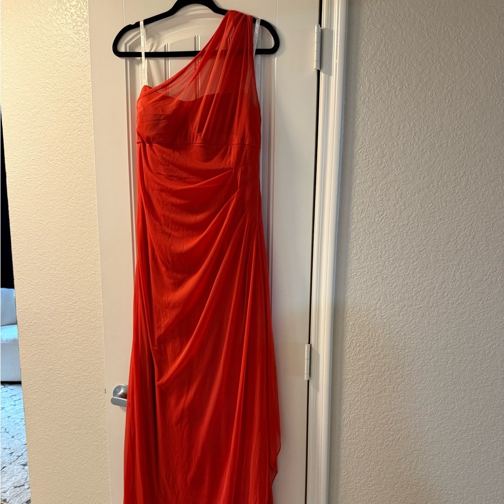 David's Bridal Red Asymmetrical Ruched Gown